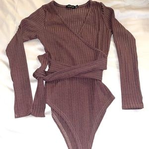 Purple Bodysuit Wrap Front Long Sleeve